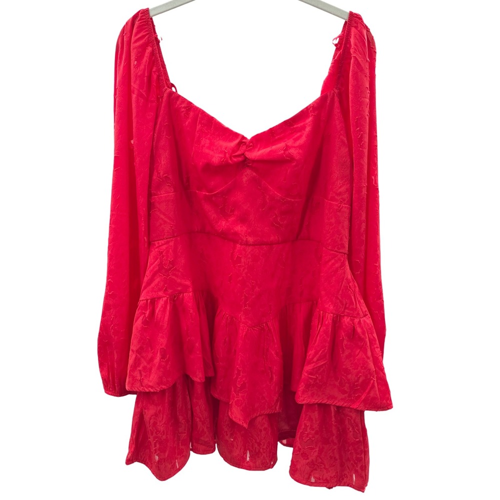 Francesca's‎ Red Jacquard Dress Size XL Long Sleeve Sweetheart Neck Ruffle Hem